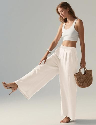 LOMON Linen Pants Women Wide Leg Palazzo Summer Flowy Pants Beach Vacation Clothes Elastic Waist Travel Trousers with Pockets thumbnail 5