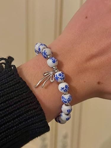 Beaded Bracelets for Women,Bow Charm Blue Flower Gold Plated Jewelry Women thumbnail 2
