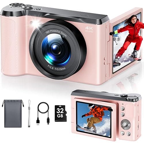 4K Digital Camera for Photography, 56MP Vlogging Camera with 32GB SD Card | Focusinc 3" 180° Flip Screen Compact Travel Camera for Teens Begnners with 16X Zoom,Pink - Image 1