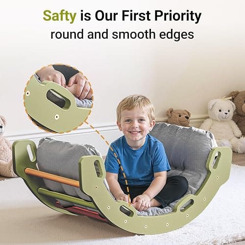COSYLAND Kids Climber Arch Rocker with Cushion - Solid Wood Indoor Pikler Climbing Toys for Toddler with Handrails - Scentless Indoor Playground Arch Climbing Ladder (Green Frame, Rainbow Sticks) thumbnail 8