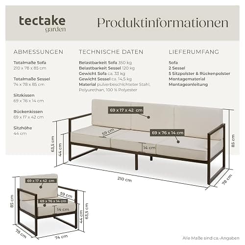 tectake® Gartenlounge Outdoor Set, Sofa 3 Sitzer 2X Gartensessel, Relaxsessel Garten mit Gartenbank, Gartenmöbel, Balkonmöbel, Terrassenmöbel, Wintergarten, Sitzecke Outdoor - 5 Sitzplätze - 5 Sitzplätze // 1 Sofa + 2 Sessel thumbnail 3