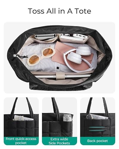 BAGSMART Expandable Tote Bag for Women, Puffer Work Tote Travel Bag | Quilted Carry On Bag for Travel Work Gym College, Waterproof Travel essentials thumbnail 3
