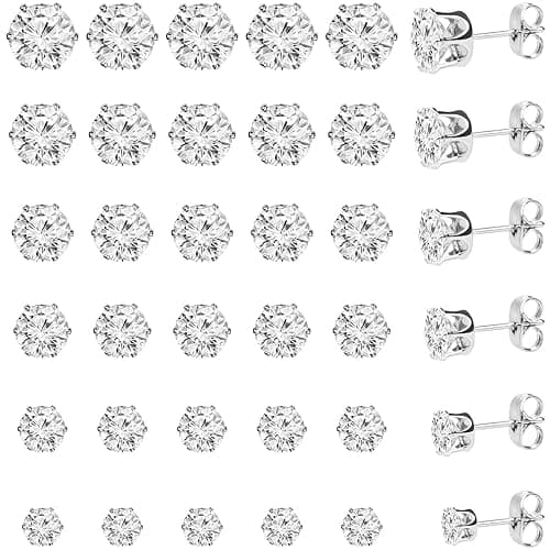 Hedume 60 Pack Cubic Zirconia Stud Earring, 6 Sizes Round Clear Earring Studs Set for Women and Men (60 Pack, 30 Pairs) - Image 1