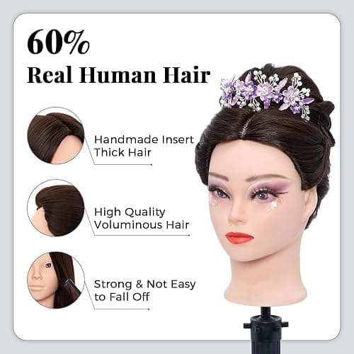 Mannequin Head 80% Human Hair - 28 Inch Make up Cosmetology Manikin Practice Doll Head with Hair,Braiding Hairdressing Head for Hair Styling with Table Clamp + DIY hair Styling Set thumbnail 2