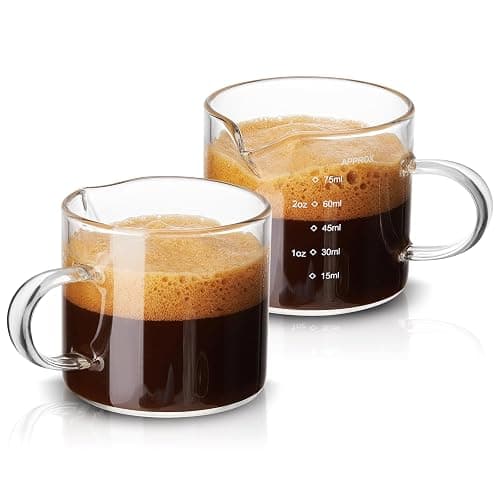 Mfacoy 2 Pack Measuring Cups, 75ML Espresso Cups with Handle, Espresso Shot Glasses with V-Shaped Mouth, Clear Accessories, Milk Frothing Pitcher - Image 1