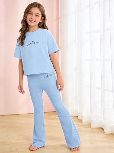 Alopncy Tween Girls 2PCS Outfit Set 8-13Y Crop Top & Flare Pants with Bowknot and Heart Print Casual Girl Clothes thumbnail 2