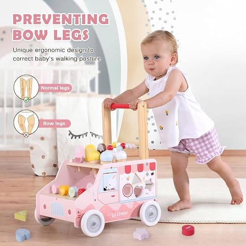 labebe Wooden Baby Walker, Push Activity Walker for Kids 12M+, Multifunctional Ice Cream Cart Activity, Adjustable Speed Learning Walking with Wheels, Birthday Gift for Girls Boys Ages 1-3 (Pink) thumbnail 6