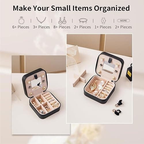 Artinhand Norwegian Rosemaling Folk Style Small Travel Jewelry Case with Mirror Portable Black PU Leather Box Earrings Necklaces Rings Bracelets Storage Organizer Gift for Women And Girls thumbnail 4