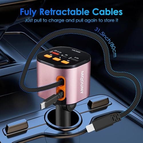 Retractable Car Charger,5 in 1 Fast Car Phone Charger 90W,Bluetooth 5.3 FM Transmitter Adapter,Handsfree Call,2 Retractable Cables and USB Cars Chargers for iPhone 17/16/15/14/13/Galaxy/Pixel thumbnail 6