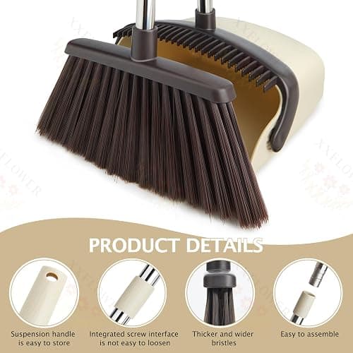 XXFLOWER Broom and Dustpan Set with Long Handle, Heavy Dust Broom and Dustpan Combo for Home，Kitchen, Office, Pet Hair(Beige) thumbnail 7