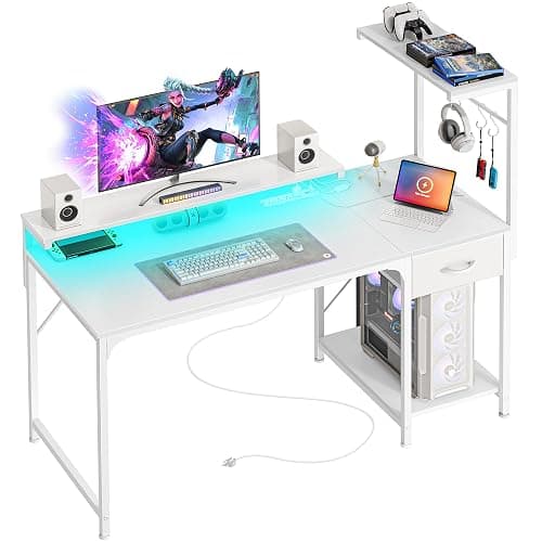 PRAISUN 47.2 Inch Gaming Desk with LED Lights & Power Outlets | Computer Desk with Drawer & Storage Shelves, Office Writing Desk with Monitor Stand for Work from Home, White - Image 1