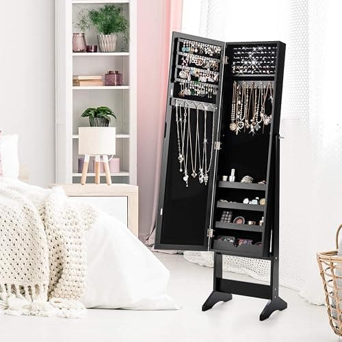 Giantex Jewelry Cabinet with Full-Length Mirror, Standing Jewelry Armoire Organizer with 64 Earring Slots, 72 Ring Slots, 20 Necklace Hooks, 4 Storage Shelves, 3 Angle Adjustable (Black) thumbnail 2
