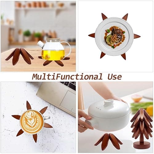 Wooden Trivets for Hot Dishes, Tree Shape Trivet Set, 4 Wooden Trivets + 1 Stand, Stackable Christmas Tree Design, Natural Foldable Kitchen Wooden Trivet, for Pans, Pot, Bowl, Teapot, Hot Pot Holder thumbnail 5