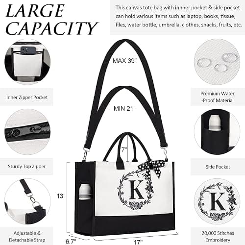 Personalized Christmas Gifts for Women, Initial Canvas Tote Bag & Makeup Bag Monogrammed Beach Tote Bags for Women w/Zipper, Birthday Gifts for Mom Her Sister Friend Girlfriend Wife Daughter Teacher thumbnail 3