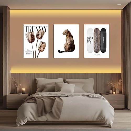 Trendy Leopard Canvas Wall Art Set of 3 Cheetah Printed Preppy Fashion Skateboard Wall Decor Preppy Room Aesthetic posters Prints for Girls Bedroom Apartment Dorm 12x16in Framed Decoration thumbnail 2