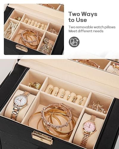 Homde Synthetic Leather Huge Jewelry Box Mirrored Watch Organizer Necklace Ring Earring Storage Lockable Gift Case (Black + Gold) thumbnail 5