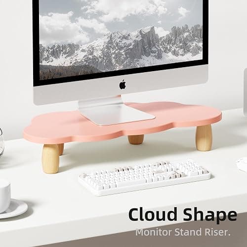 AFOOYO Monitor Stand Riser,Cloud-Shaped Sturdy Wood Computer Monitor Riser, Laptop Monitor Stand, Multi-Purpose Desktop Organizer Riser for Computer, Laptop, Printer, TV,Pink thumbnail 2