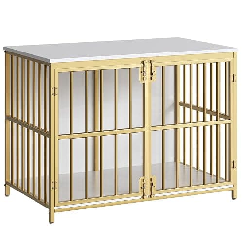 HOOBRO 38.6" Dog Crate Furniture, Wooden Dog Kennel Indoor, Heavy Duty Dog Cage for Small/Medium Dog, Decorative Side End Table, White and Gold DW100GW03 thumbnail 9