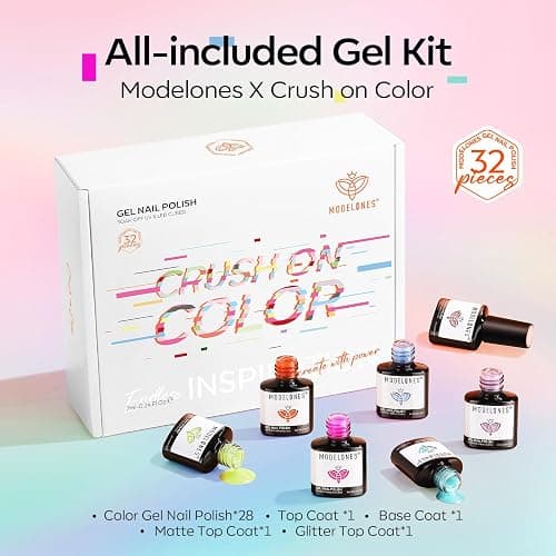 modelones 32 PCS Summer Gel Nail Polish Set, 28 Colors Glitter Cat Eye Jelly Pearl Chameleon Gel Polish with Magnet, No Wipe Base Coat, Glitter & Glossy & Matte Top Coat Soak Off Nail Art Kit thumbnail 9