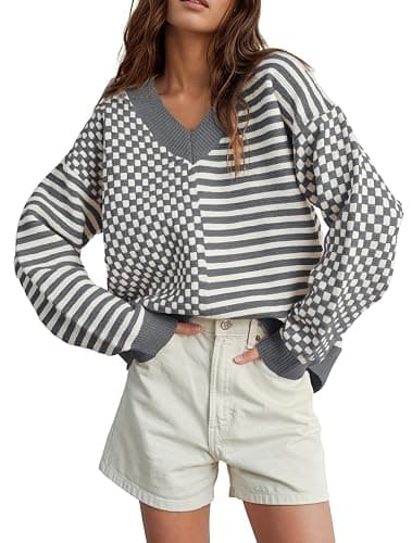 UNCLECAT Women's Striped Checkered Sweater 2025 V Neck Fall Sweaters Casual Knit Trendy Pullover Tops - Image 1