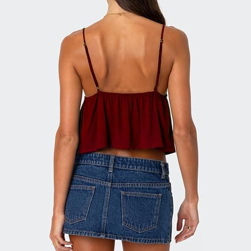 Women's Y2K Babydoll Cami Top Sleeveless V Neck Tie Front Crop Top Ruffle Hem Peplum Tank Shirt Going Out Camisole thumbnail 3