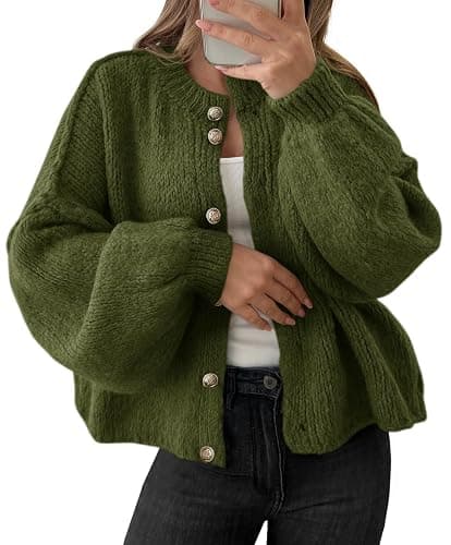 Saodimallsu Womens Oversized Cardigans Button Up Long Lantern Sleeve Chunky Knit Casual Soft Fall Sweater Coats - Image 1
