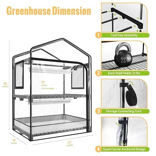 SpeePlant Mini Indoor Greenhouse with Grow Light, 2-Tier Plant Stand with PVC Tent, Ventilation Window, Bottom Pouch, 20W Full Spectrum Grow Light with Timer, for Seed Starting, 27" L x 19" W x 35" H thumbnail 3