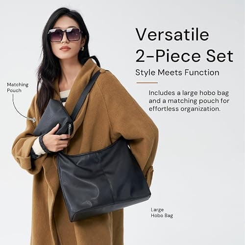Hobo Bag for Women, Soft Vegan Leather Slouchy Shoulder Tote Purse with Matching Pouch, Adjustable Strap & Magnetic Closure thumbnail 2