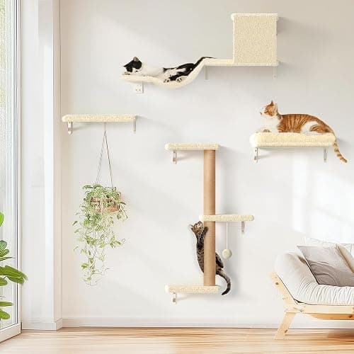 FUKUMARU Cat Wall Shelves, Stable & Safe 4 in 1 Large Cat Walls Furniture Set, Wooden Kitten Climbing Wall with Scratching Post for 16 Inch Drywall - Beige - Image 1