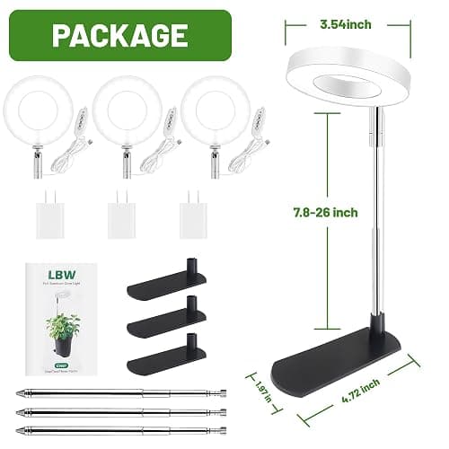LBW Grow Lights for Indoor Plants, Full Spectrum Halo Grow Light with Base | 48 LED Plant Light for Small Plant, Base/Soil Stake, 7.8-26" Adjustable, 6/8/12/16H Timer, 3 Color Mode, 5 Brightness, 3 pack thumbnail 8