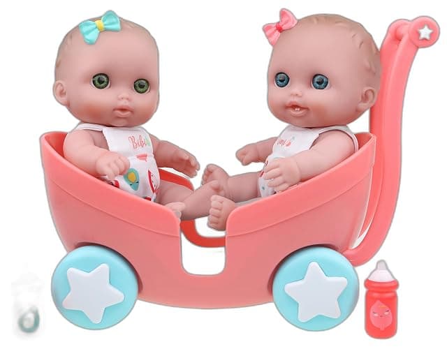 Lil Cutesies TWIN 8.5" All Vinyl Dolls and Stroller Set | Posable and Washable | Removable Outfits |Twin Stroller and Accessory | JC Toys | Ages 2+ , Green - Image 1