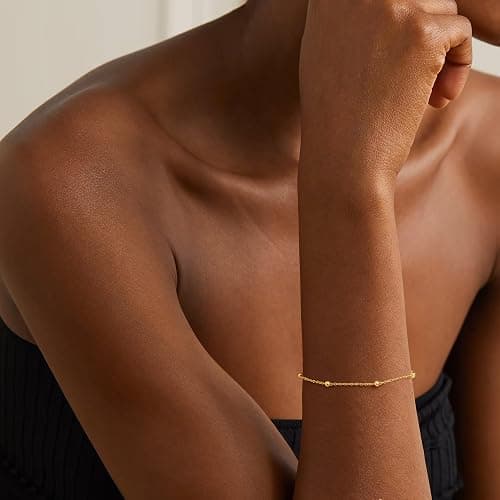 IEFWELL S925 Sterling Silver Bracelet for Women - 14K-Real-Gold-Plated Satellite Bead Chain Bracelet, 6.5/7/7.5/8/8.5/9 Inches Sterling Silver Chain Bracelets, Valentines Gifts Jewelry for Women thumbnail 3