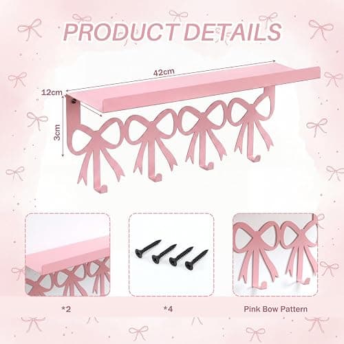 ElaraBerry 2 Pcs Pink Bow Coffee Mug Rack Pink Coffee Bar Accessories Wall Mounted with 4 Hooks 16.8in x 4.8in Shelf Metal Hooks Kawaii Coquette Preppy Style Decor Kitchen Bar thumbnail 3