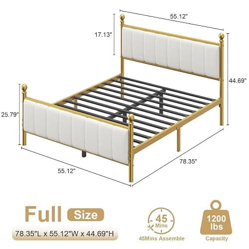 E-Motie Full Size Bed Frame with Headboard, Upholstered Platform Metal Beds Frame Full, Supported by Strong Metal Slats, No Box Spring Needed, Easy Assembly, Noise-Free, Gold thumbnail 2