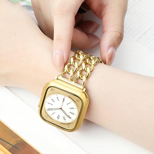 Anaiboho Gold Apple Watch Bands for women men Double Chain iWatch Bands for 44mm 42mm 45mm, Compatible with Apple Watch SE Series 9 8 7 6 5 4 3 2 1(With Case) thumbnail 5
