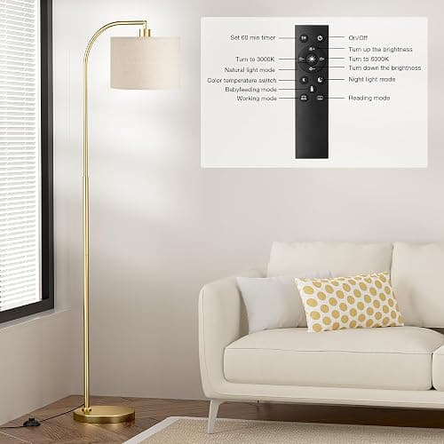 Ambimall Arc Floor Lamp with Remote and Stepless Dimmable Bulb, Colors Temperature & Brightness Adjustable, Gold Floor Lamps for Living Room（Deep Beige Shade & Gold Pole） thumbnail 4