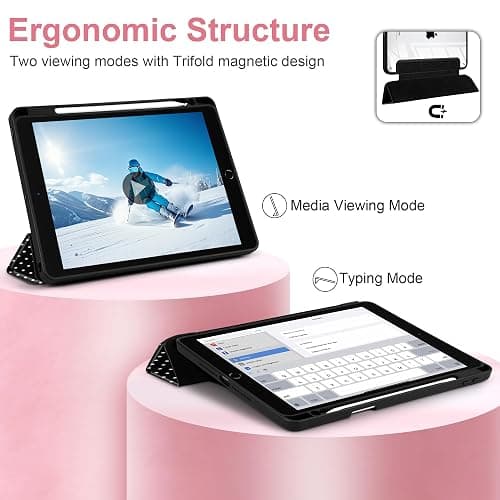 MEEgoodo Case for iPad 10.2 inch,Tablet Cases for iPad 9th Generation 2021/8th Gen 2020/7th Gen 2019 with Clear Acrylic Back Shell+Pencil Holder+Auto Wake/Sleep+Trifold Stand, White Polka Dot thumbnail 7