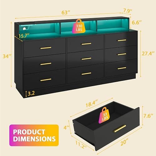 knoworld Black 9 Drawer Dressers for Bedroom, Modern Large Dresser with LED Light and Power Outlet, Wooden Long Dresser, Triple Dresser for Bedroom, Living Room, Entryway, Hallway thumbnail 2