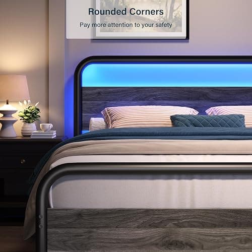 Catrimown Queen Bed Frame with LED Lights, Heavy Duty Metal Rustic Platform Bed Frame Queen Size, with Headboard, Under Bed Storage, Noise Free, No Box Spring Needed, Wash Gray thumbnail 5
