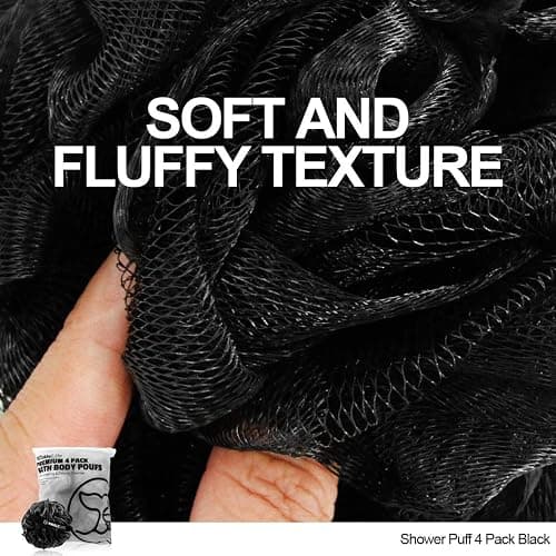 WhaleLife Bath Loofah Sponge for Shower - Body Scrubber 4-Pack Black | 10X Suds Save Body Wash Double Knotted Anti Tear Core Fast Dry Cotton Loop Stay Fresh Large Mesh for Sensitive Skin thumbnail 4