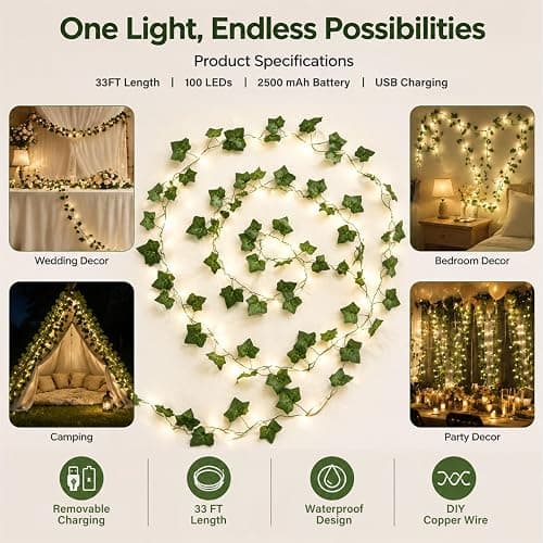 Terids 33FT 100LED Ivy Vine Fairy Lights 2500mAh Rechargeable Battery, | String Lights with Remote Control,8 Modes,DIY Timer & Light Sensor, Waterproof for Bedroom Dorm Wedding Party Christmas Deco thumbnail 2