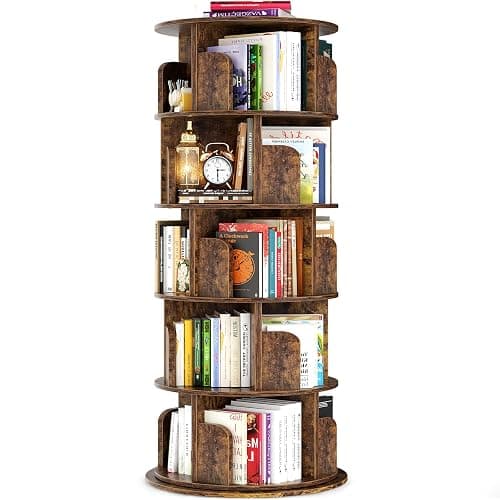 Besiost Rotating Bookshelf Tower, 5 Tier Spinning Bookcase, Revolving 360 Book Shelf Narrow Tall Bookcase, Vertical Turning Round Bookshelf Organizer, Corner Book Shelf for Small Space, Rustic Brown - Image 1