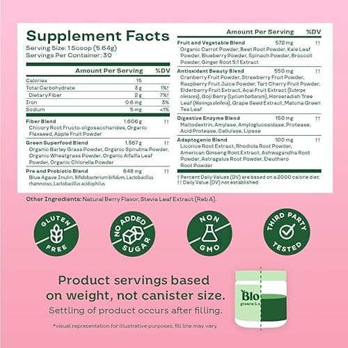 Bloom Nutrition Superfood Greens Powder, Digestive Enzymes with Probiotics and Prebiotics, Gut Health, Bloating Relief for Women, Chlorella, Green Juice Mix with Beet Root Powder, 30 SVG, Berry - Berry - 30 Servings (Pack of 1) thumbnail 5
