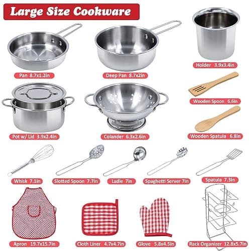 Kids Pretend Play Kitchen Toys Accessories Set, 32 Items Stainless Steel Toy Pots and Pans Sets w/ Rack Organizer, Metal Cooking Utensils & Apron, Play Food w/ Basket for Kids Girls Boys Toddlers thumbnail 2
