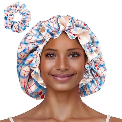 Vettres Floral Satin Bonnet with Scrunchie Set,Double Layer Ruffle Reusable Sleeping Shower Cap for Curly Hair Blue-cherry - Image 1