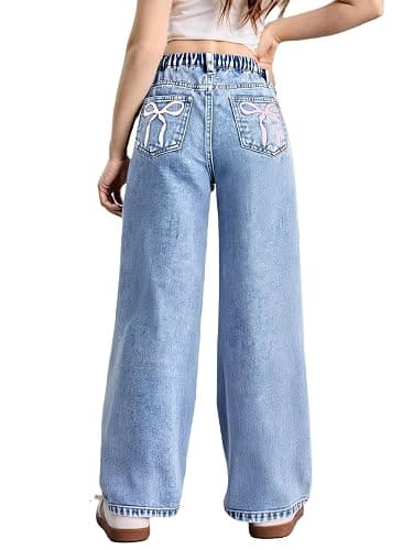 WDIRARA Girl's Bow Print Back Zipper Fly Elastic High Waist Denim Pants Basic Wide Leg Jeans - Image 1