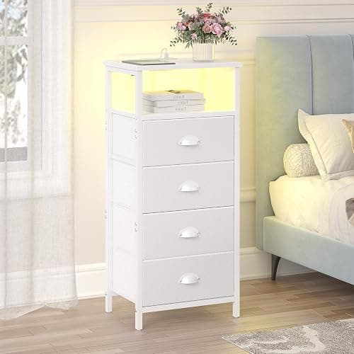 sthmec Nightstand with Charging Station,LED White Nightstand with 4 Fabric Drawers PU Finish, Bedside End Tables, 2-Tier Open Storage Shelf Side Table Nightstand with Drawers for Bedroom,White thumbnail 2