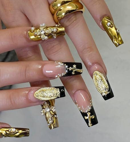 128PCS Gold Nail Charms Set with Rhinestones and Gems, Rose, Hearts, Cross and Virgin Mary - Y2K 3D Shiny Jewelry Nail Decorations Accessories Supplies thumbnail 6