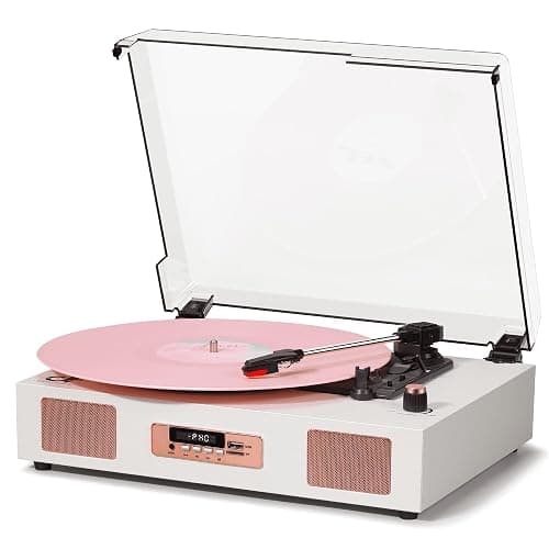 Vinyl Record Player Vintage Wireless Bluetooth Record Player with Stereo Speakers, USB/TF Card Recording, LP Player with 3 Speed Belt Drive Turntable Support RCA Line-Out AUX Input EQ,White& Rose Gold - Image 1