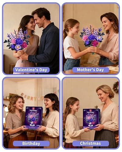 TYCOLE Flowers Bouquet Building Set - Purple Roses Botanical Collection Building Blocks for Adult Women, Artificial Flowers Gothic Home Decor Christmas Birthday Gift for Adults Kids Girls 6-12 thumbnail 7